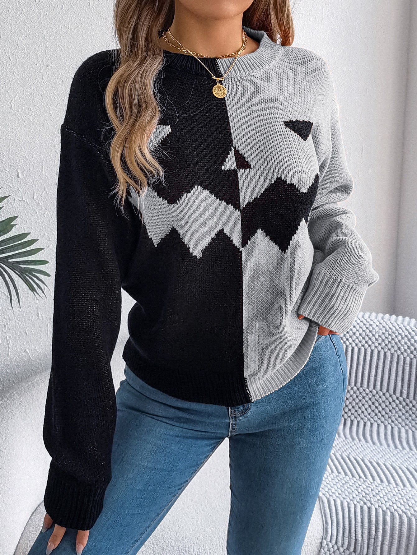Damen Wolle/Stricken Halloween Langarm Bequem Lässig Pullover