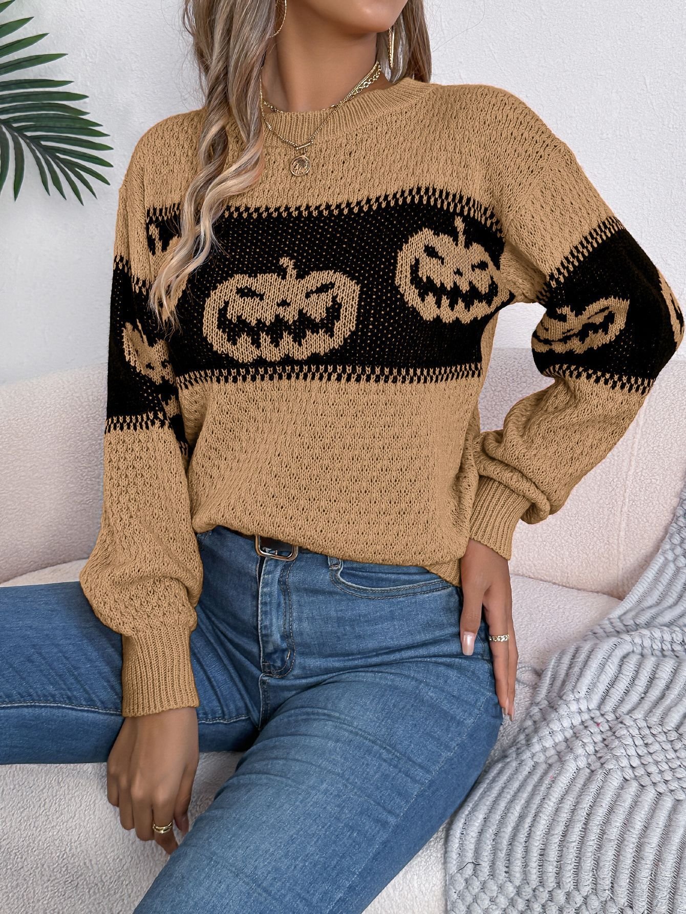 Damen Wolle/Stricken Halloween Langarm Bequem Lässig Pullover