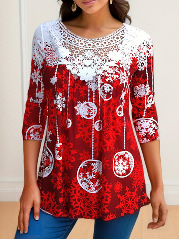V-Ausschnitt Langarm Weihnachten Regelmäßig Mikroelastizität Weit Bluse für Damen
