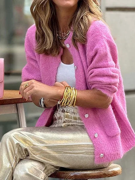 Damen Wolle/Stricken Unifarben Langarm Bequem Lässig Spitze Strickjacke
