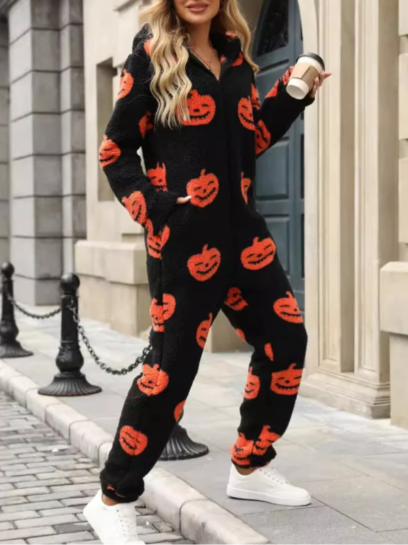 Damen Langarm Kapuze Regelmäßige Passform Lang Täglich Lässig Halloween Normal Jumpsuit