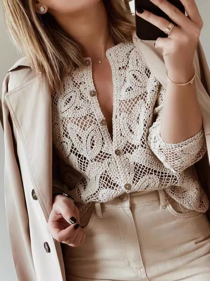 Damen Wolle/Stricken Unifarben Langarm Bequem Lässig Spitze Strickjacke