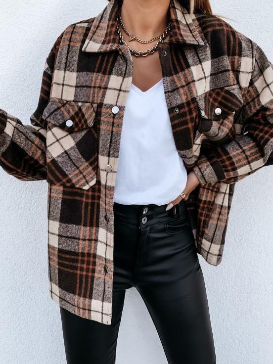 Damen Kariert Schnalle Regelmäßig Weit Jacke