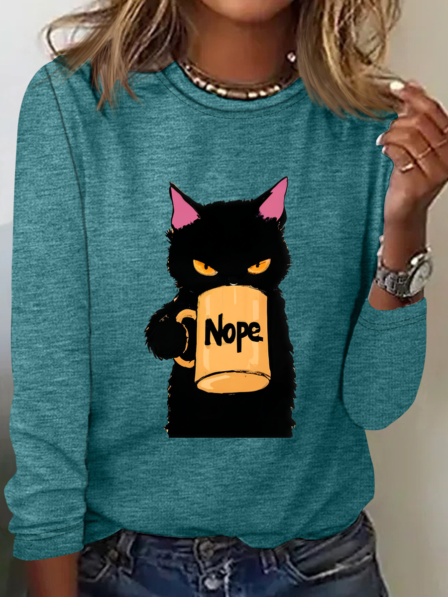 Lässig Katze Rundhals Langarm T-Shirt