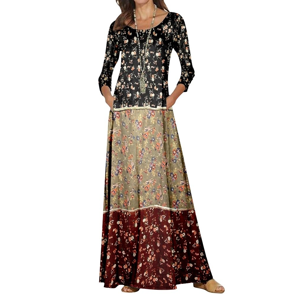 Damen Geblümt Schalkragen Langarm Bequem Lässig Maxikleid