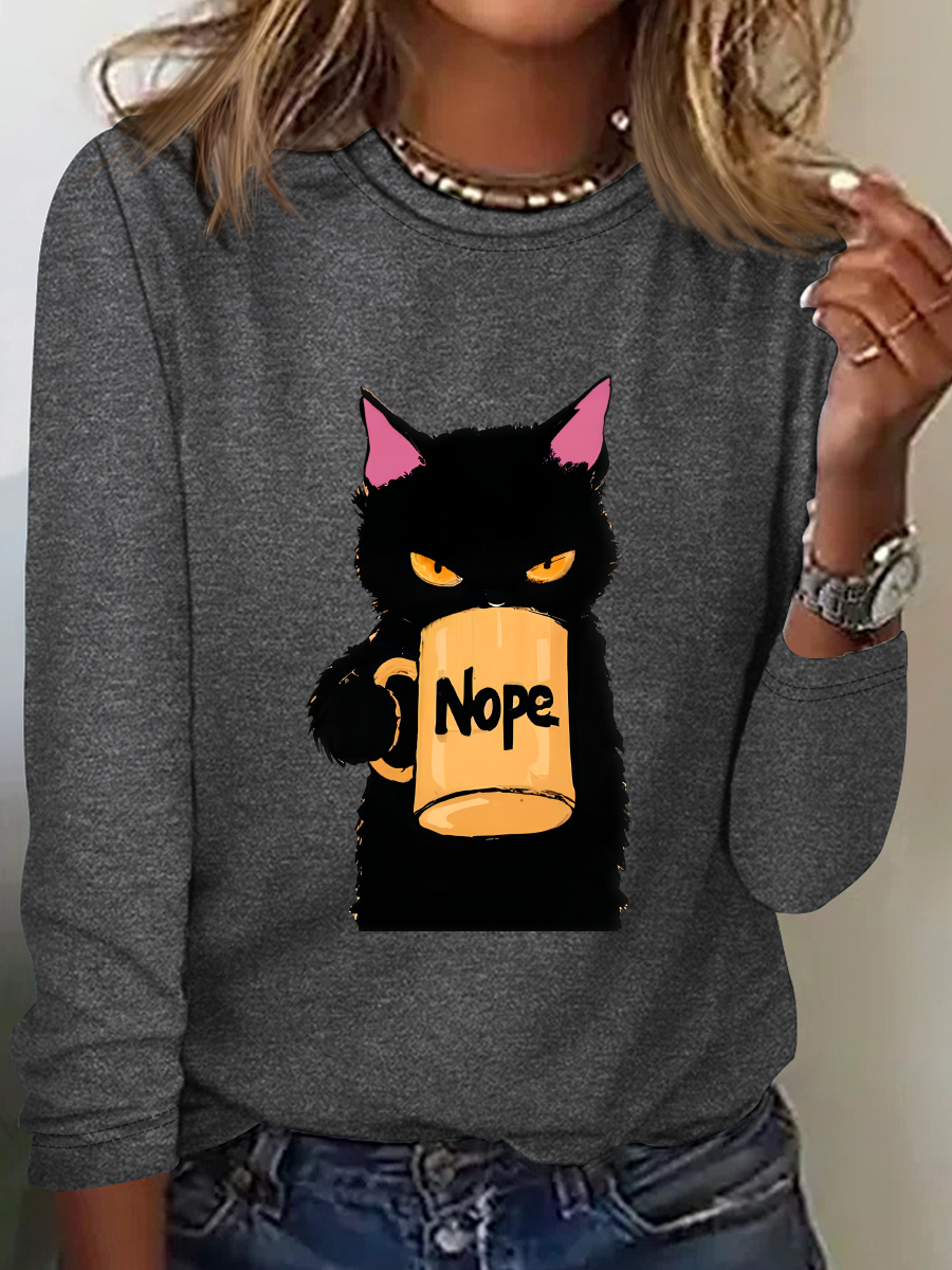 Lässig Katze Rundhals Langarm T-Shirt