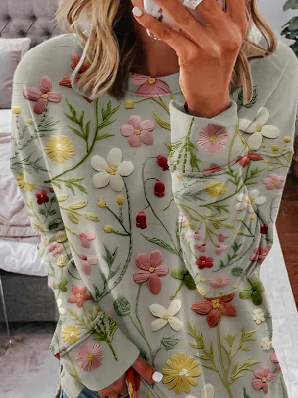 Lässig Rundhals Geblümt Sweatshirt Reißverschluss