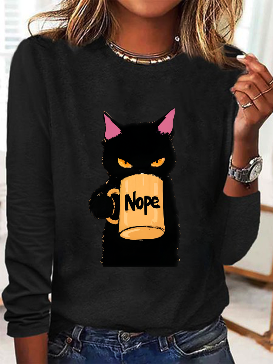 Lässig Katze Rundhals Langarm T-Shirt