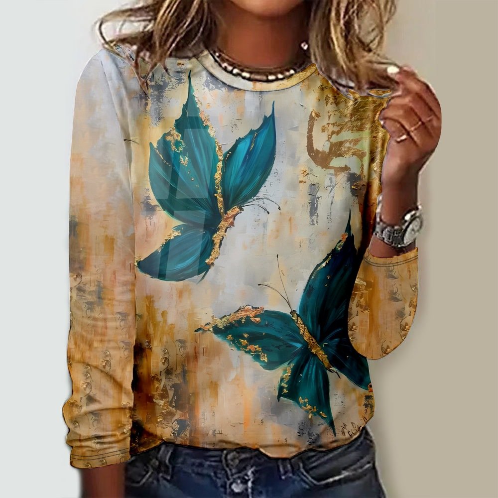 Lässig Schmetterling Rundhals Langarm T-Shirt