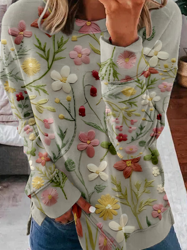 Lässig Rundhals Geblümt Sweatshirt Reißverschluss