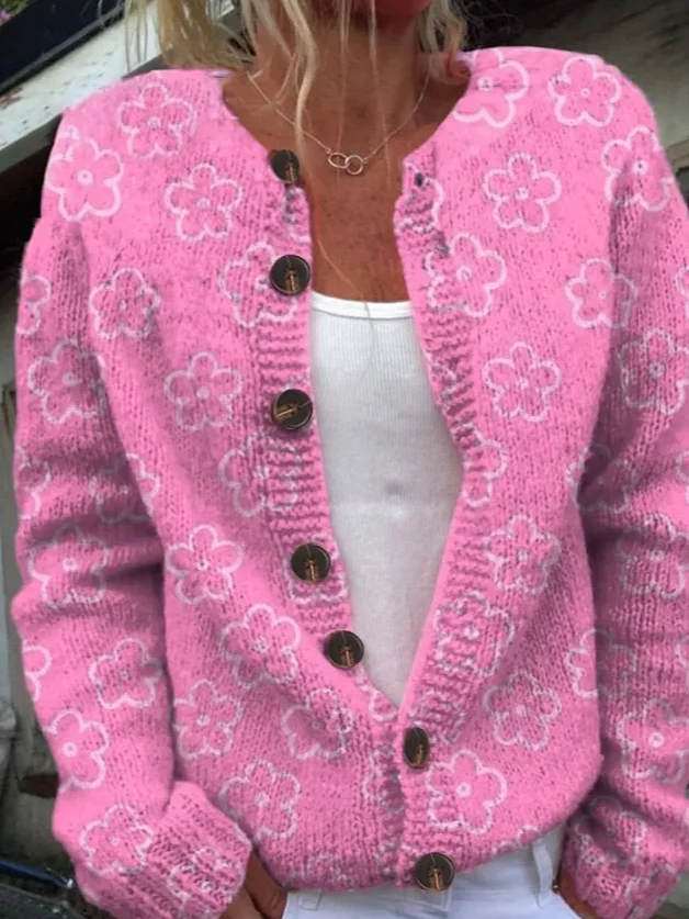 Damen Gestrickt Geblümt Langarm Bequem Lässig Strickjacke