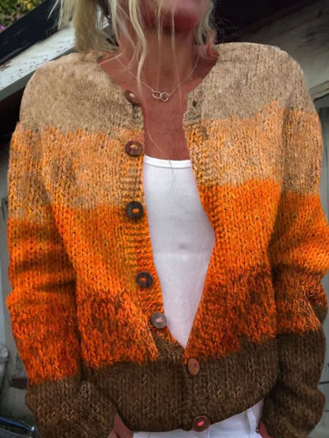 Damen Gestrickt Farbblock Langarm Bequem Lässig Strickjacke