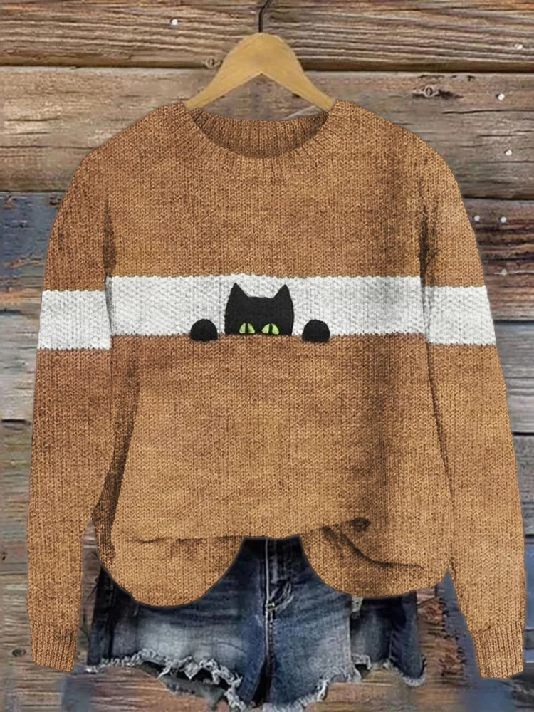 Damen Gestrickt Katze Langarm Bequem Lässig Pullover