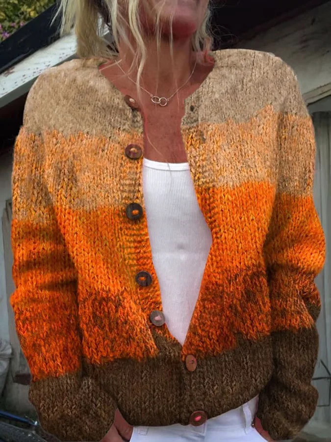 Damen Gestrickt Farbblock Langarm Bequem Lässig Strickjacke