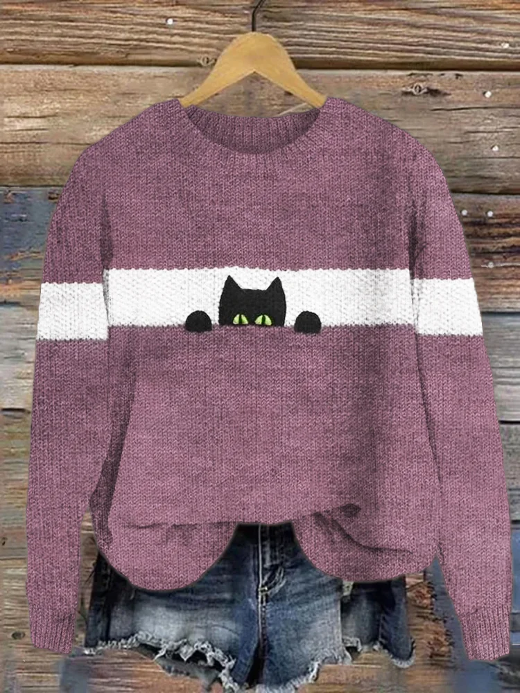 Damen Gestrickt Katze Langarm Bequem Lässig Pullover