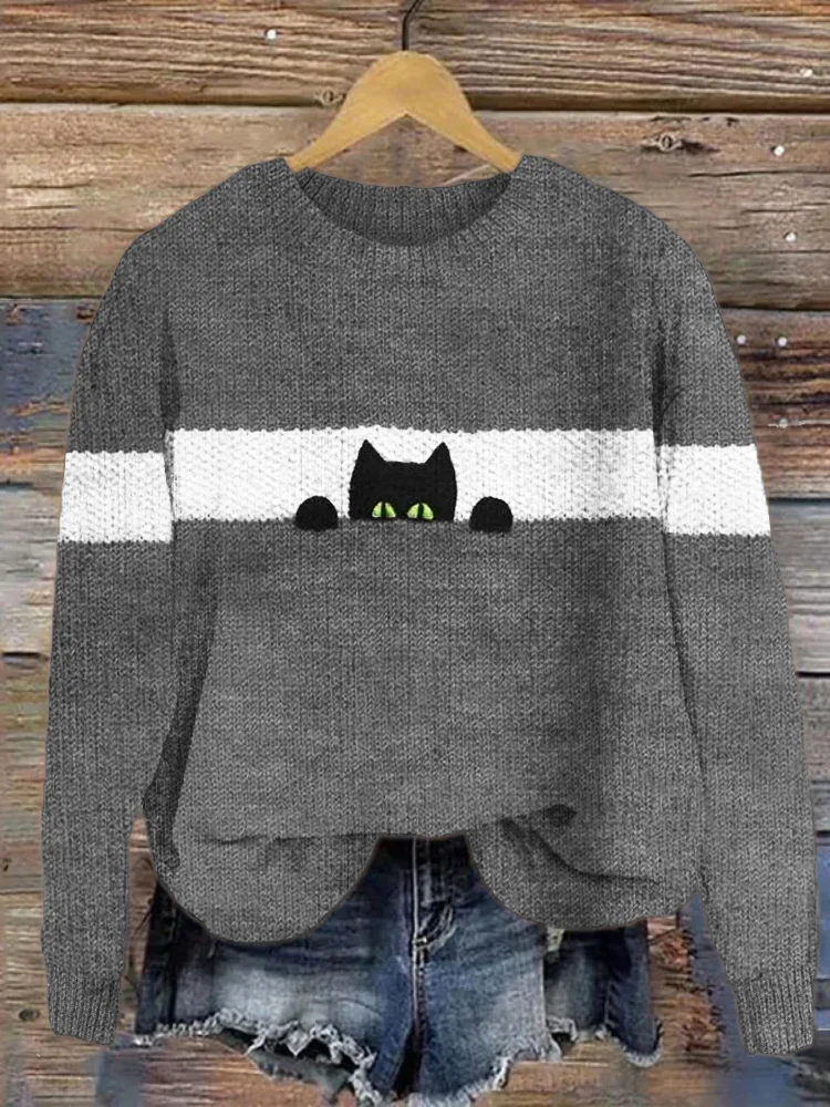 Damen Gestrickt Katze Langarm Bequem Lässig Pullover