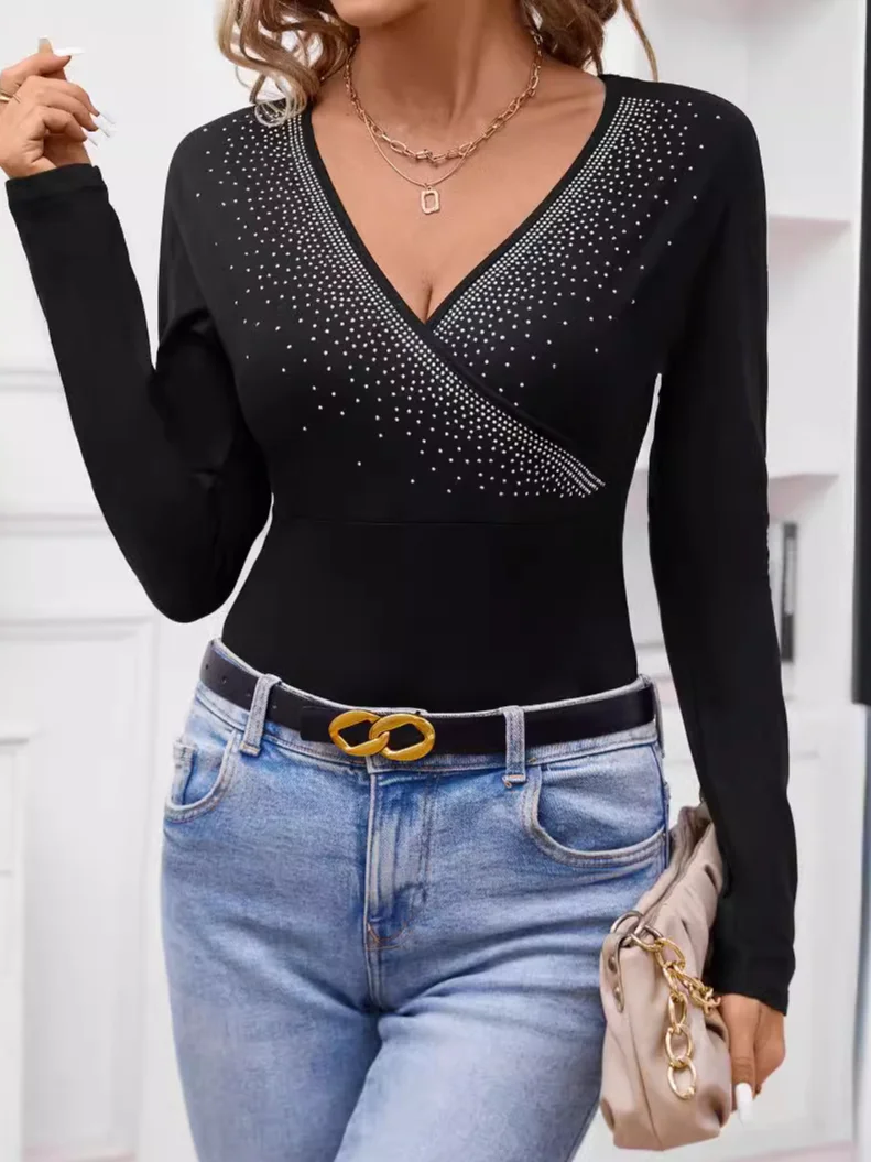 V-Ausschnitt Langarm Polka Dots Regelmäßig Mikroelastizität Fest Bluse für Damen