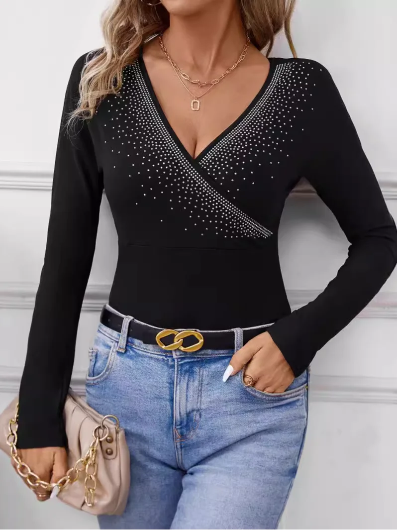 V-Ausschnitt Langarm Polka Dots Regelmäßig Mikroelastizität Fest Bluse für Damen