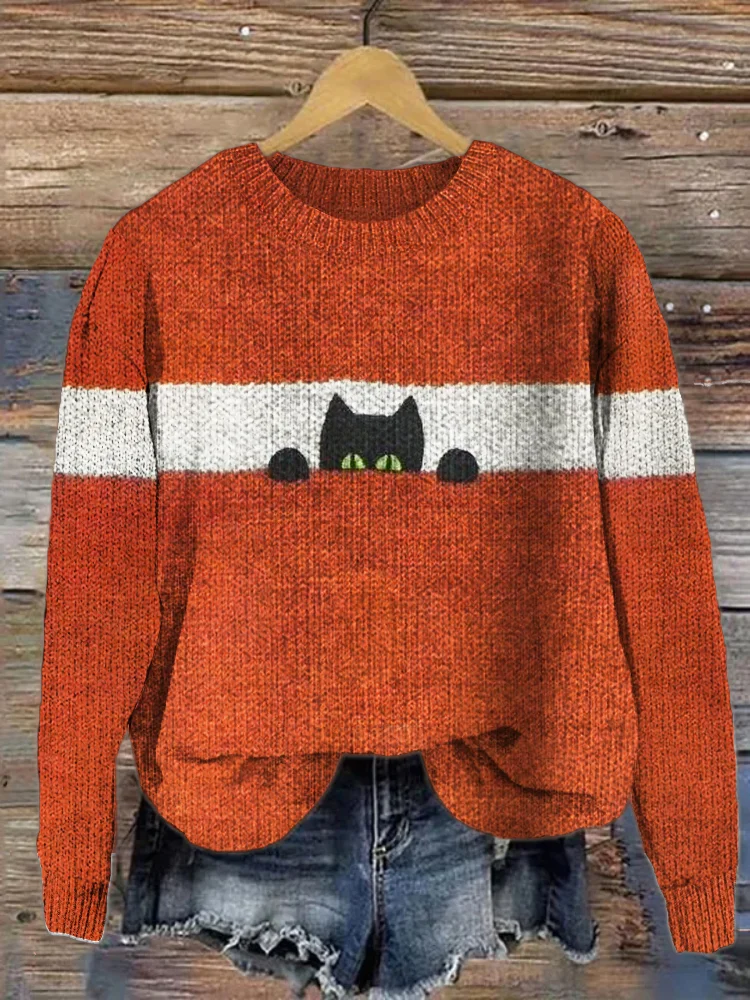 Damen Gestrickt Katze Langarm Bequem Lässig Pullover