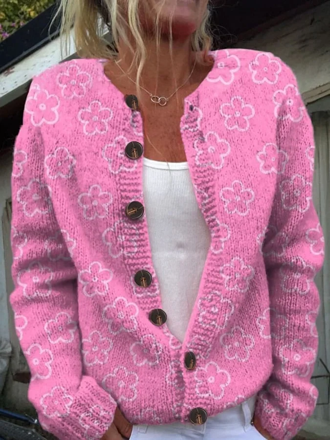 Damen Gestrickt Geblümt Langarm Bequem Lässig Strickjacke