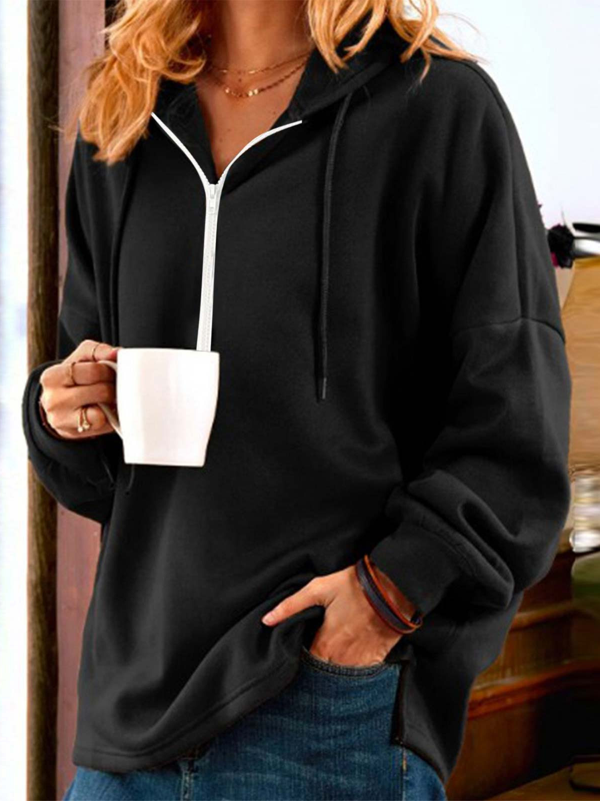Lässig Kapuze Unifarben Sweatshirt Reißverschluss