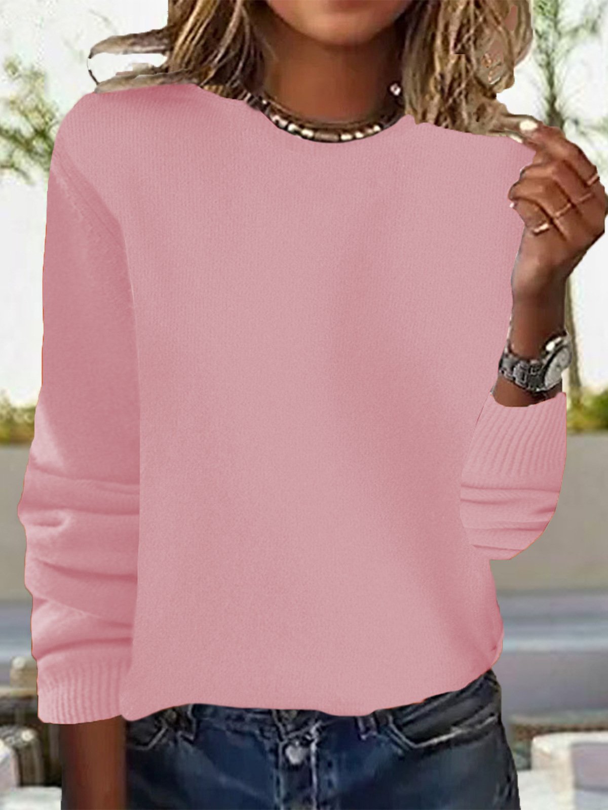 Damen Garn/Wollgarn Unifarben Langarm Bequem Lässig Spitze Pullover