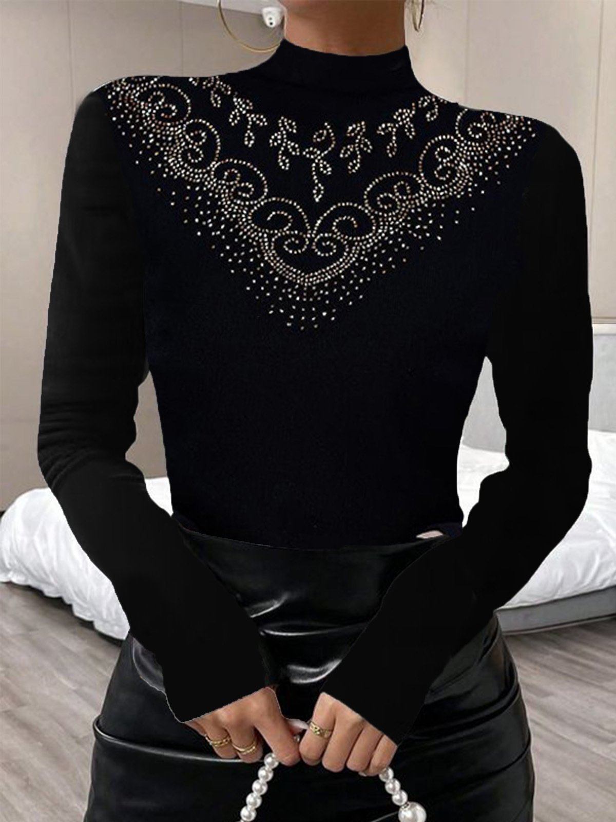 Rollkragen Langarm Unifarben Warmbohren Regelmäßig Mikroelastizität Weit Bluse für Damen