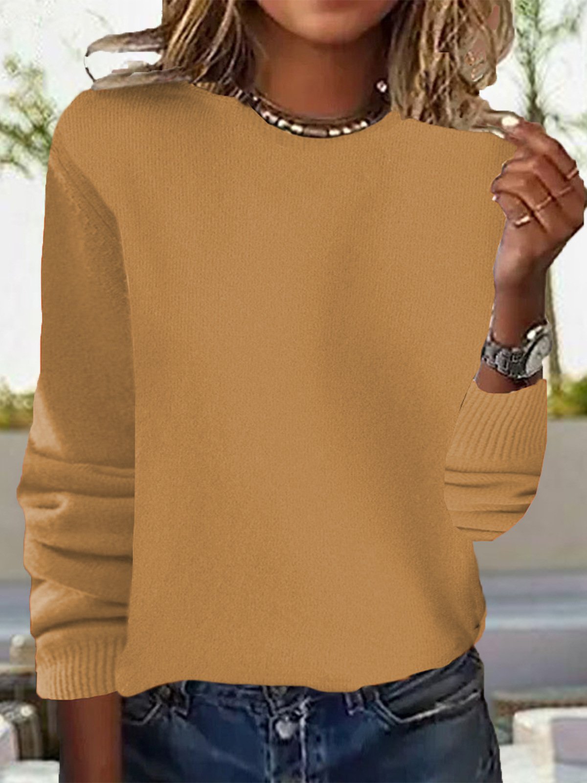 Damen Garn/Wollgarn Unifarben Langarm Bequem Lässig Spitze Pullover