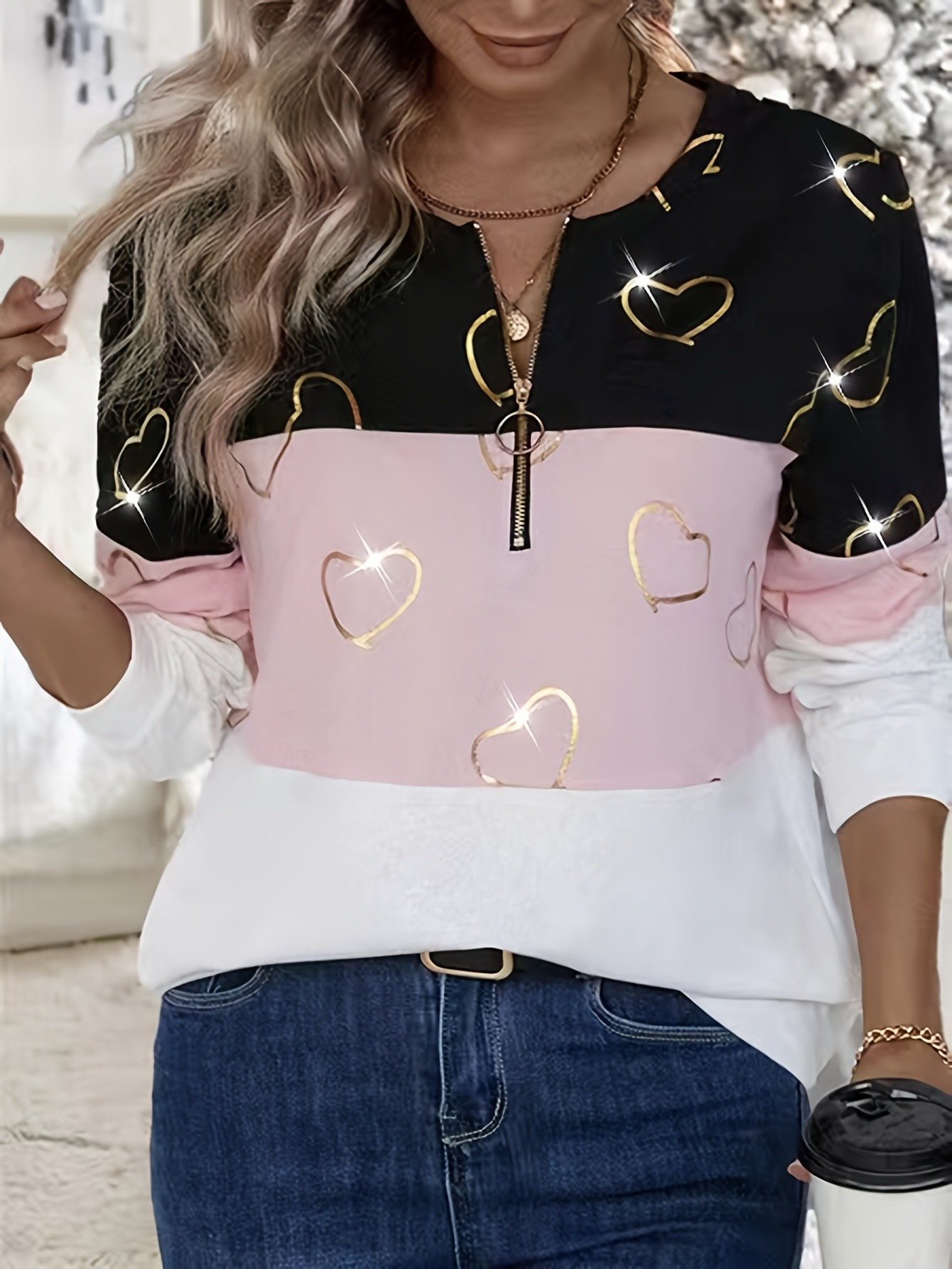Lässig Rundhals Farbblock Sweatshirt Reißverschluss