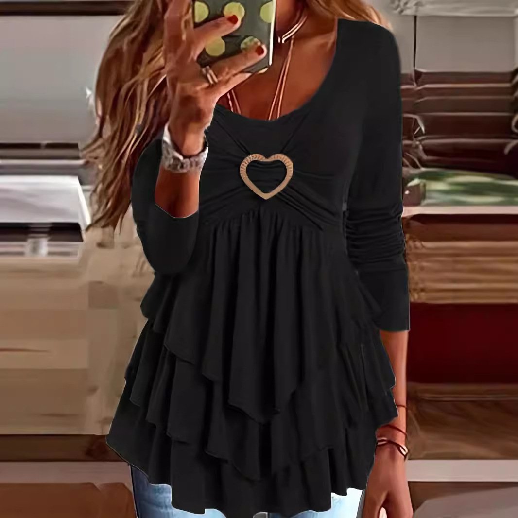 Rundhals Langarm Unifarben Regelmäßig Mikroelastizität Weit Bluse für Damen