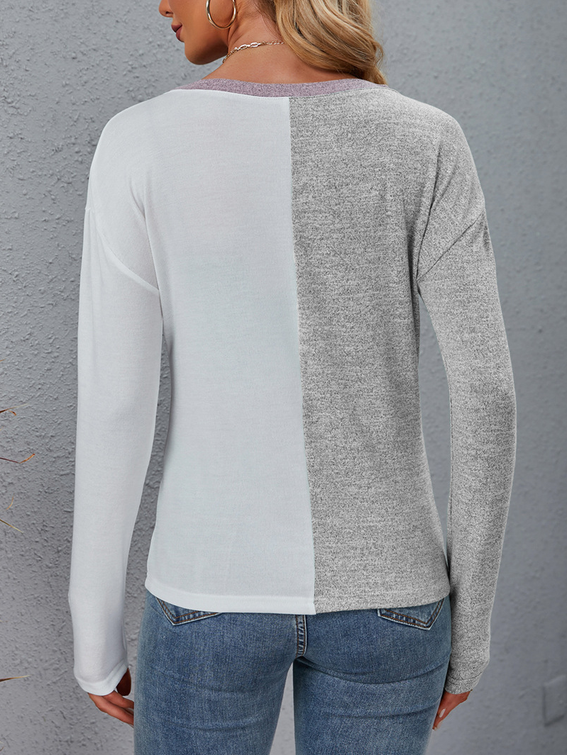 Lässig Farbblock Rundhals Langarm T-Shirt