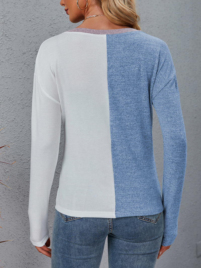Lässig Farbblock Rundhals Langarm T-Shirt