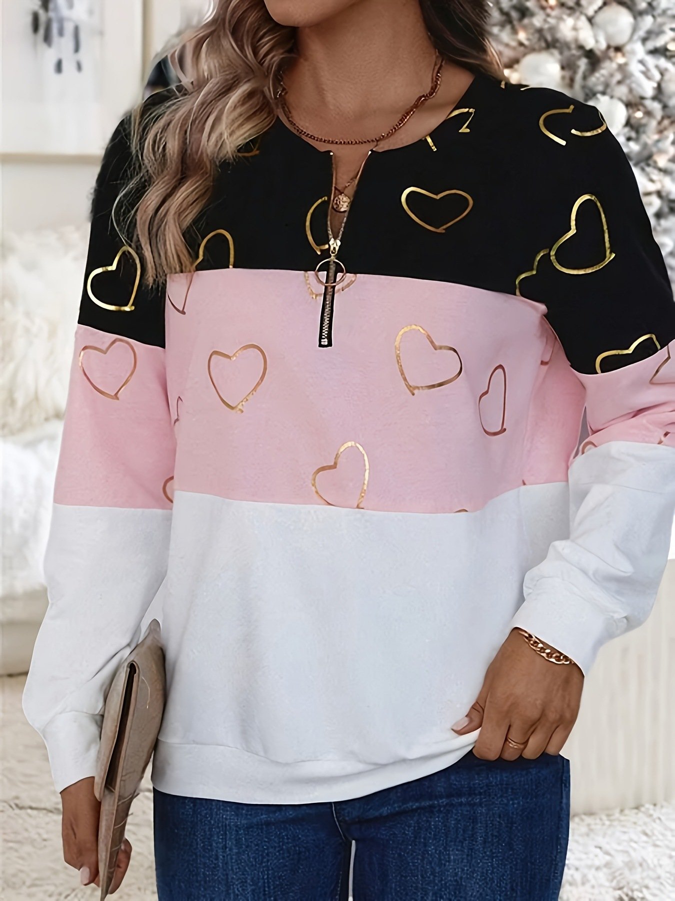 Lässig Rundhals Farbblock Sweatshirt Reißverschluss