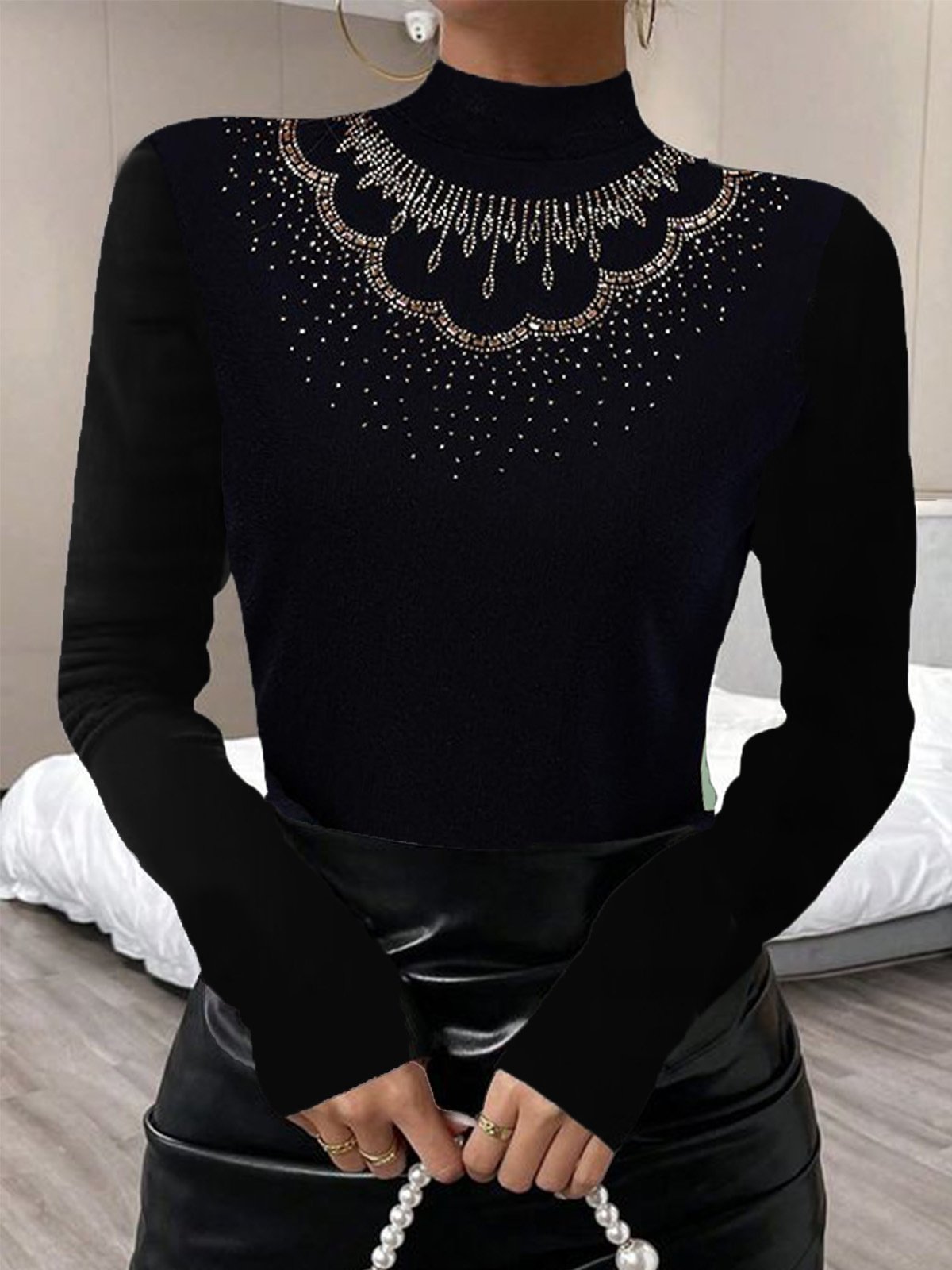 Rollkragen Langarm Unifarben Warmbohren Regelmäßig Mikroelastizität Weit Bluse für Damen