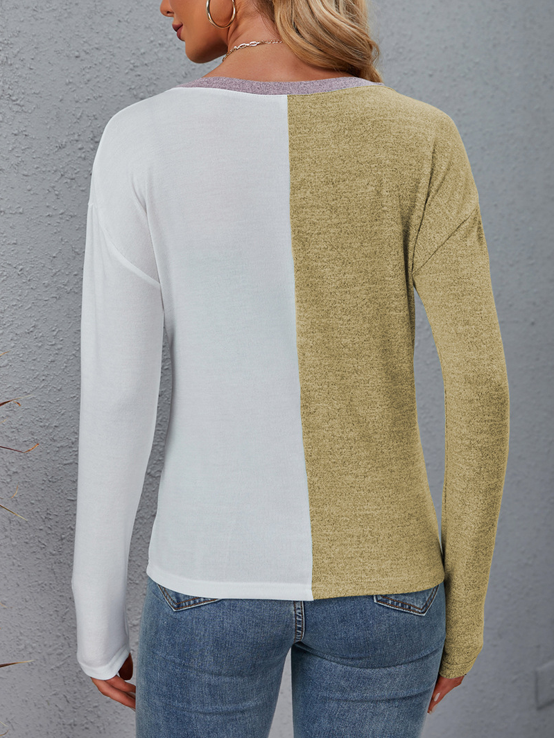 Lässig Farbblock Rundhals Langarm T-Shirt