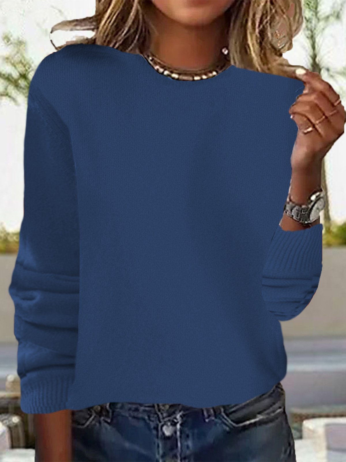 Damen Garn/Wollgarn Unifarben Langarm Bequem Lässig Spitze Pullover