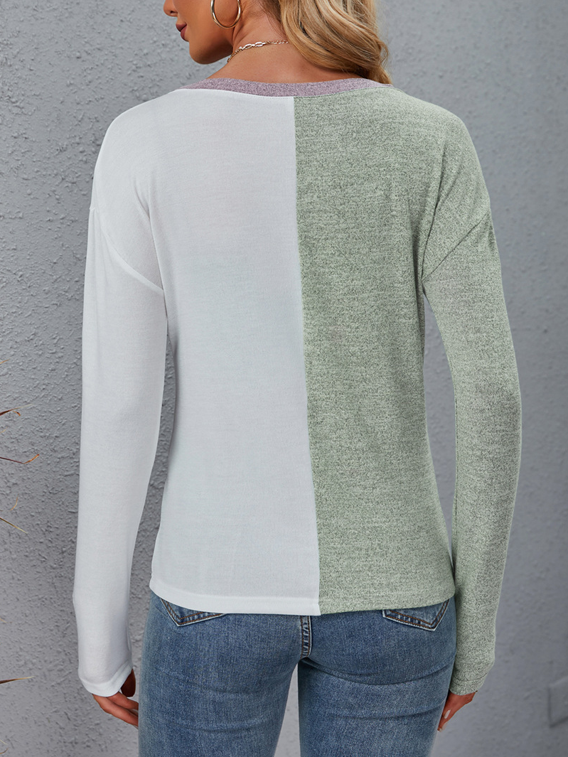 Lässig Farbblock Rundhals Langarm T-Shirt