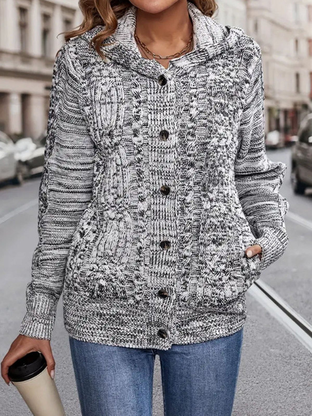 Damen Garn/Wollgarn Unifarben Langarm Bequem Lässig Schnalle Strickjacke