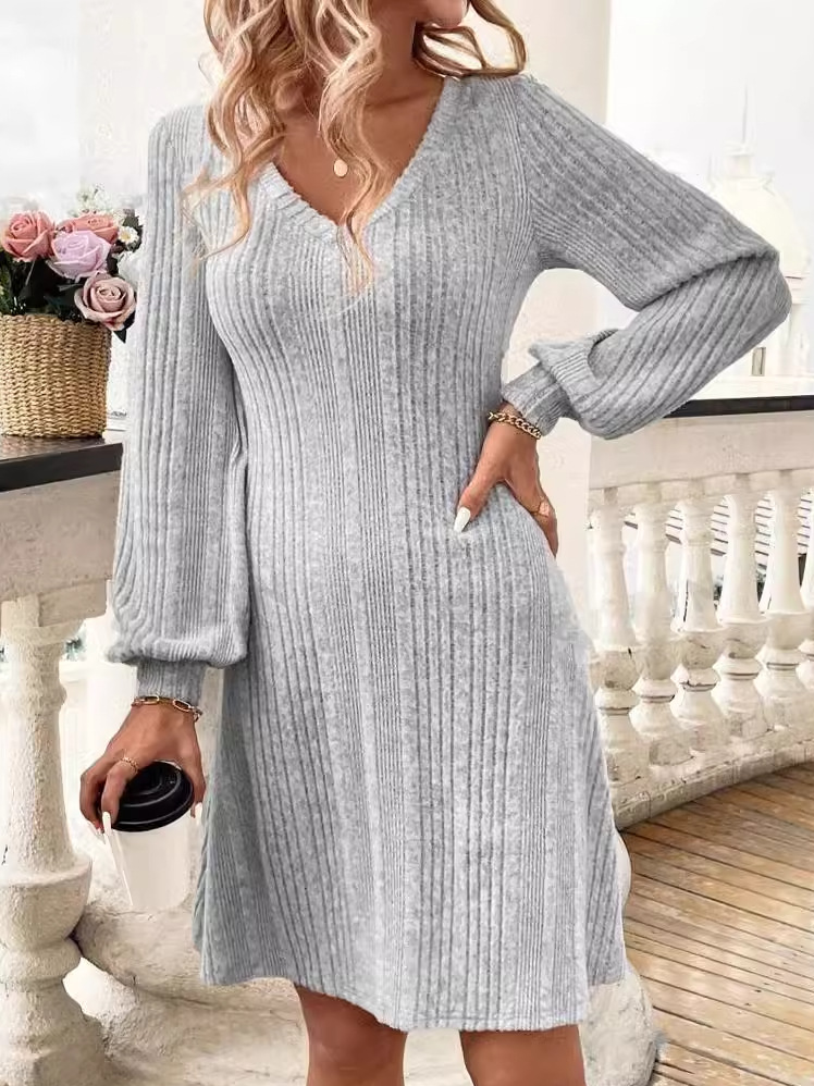 Damen Unifarben V-Ausschnitt Langarm Bequem Lässig Midikleid