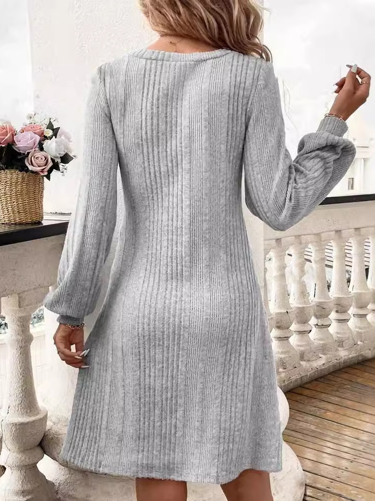 Damen Unifarben V-Ausschnitt Langarm Bequem Lässig Midikleid