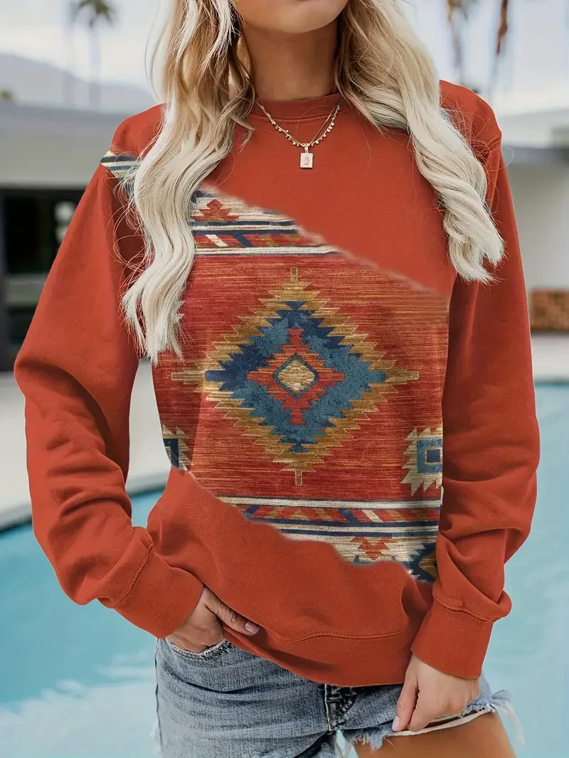 Retro Rundhals Ethnisch Geometrie Sweatshirt