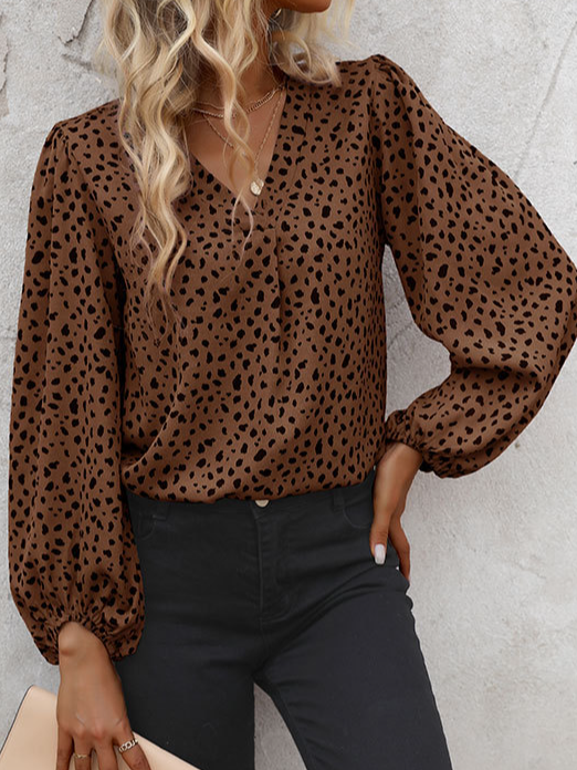 V-Ausschnitt Langarm Leopard Regelmäßig Mikroelastizität Weit Bluse für Damen