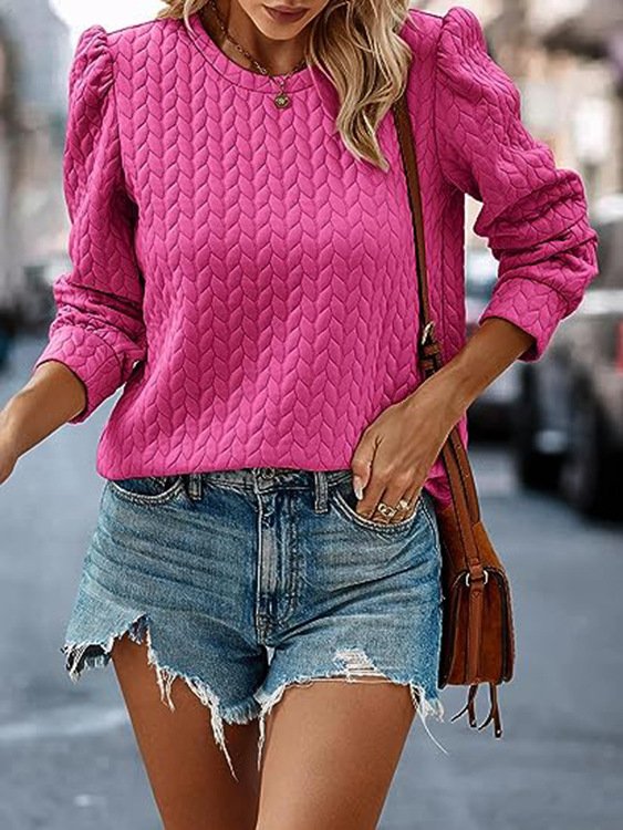 Rundhals Langarm Unifarben Regelmäßig Mikroelastizität Weit Bluse für Damen