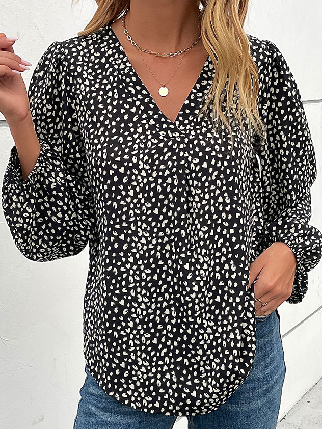 V-Ausschnitt Langarm Leopard Regelmäßig Mikroelastizität Weit Bluse für Damen