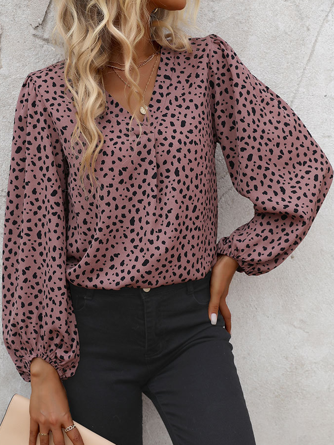V-Ausschnitt Langarm Leopard Regelmäßig Mikroelastizität Weit Bluse für Damen