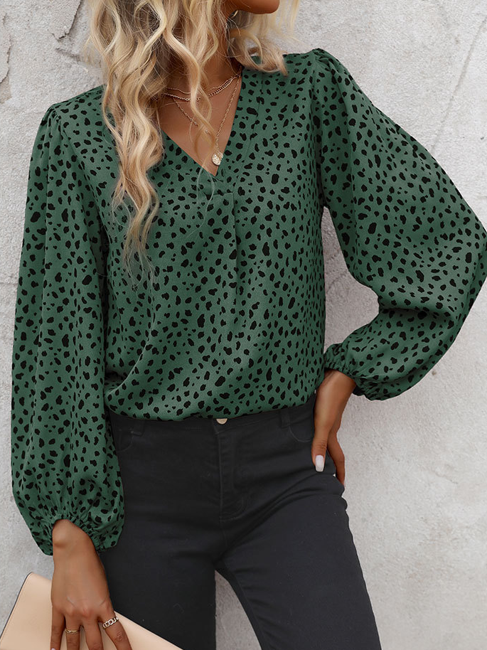 V-Ausschnitt Langarm Leopard Regelmäßig Mikroelastizität Weit Bluse für Damen