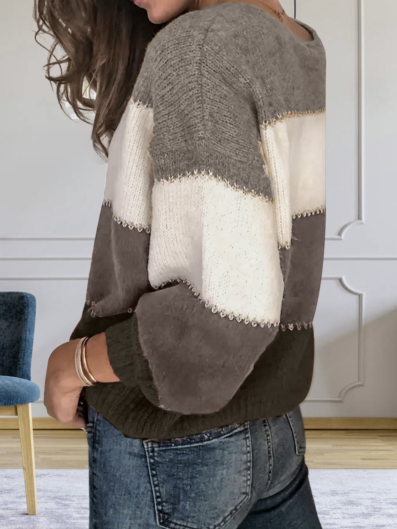 Damen Garn/Wollgarn Farbblock Langarm Bequem Lässig Pullover