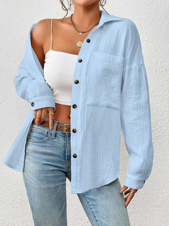 Hemdkragen Langarm Unifarben Regelmäßig Weit Bluse für Damen