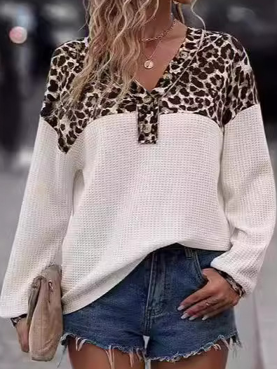 V-Ausschnitt Langarm Leopard Regelmäßig Mikroelastizität Weit Bluse für Damen