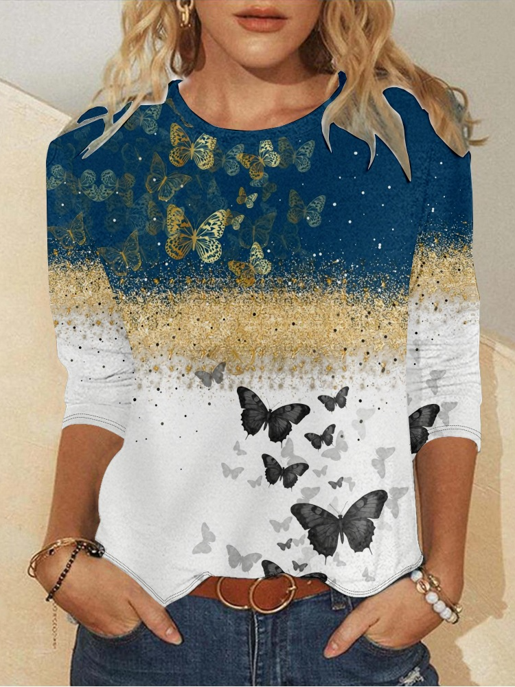 Lässig Farbblock Rundhals Langarm T-Shirt